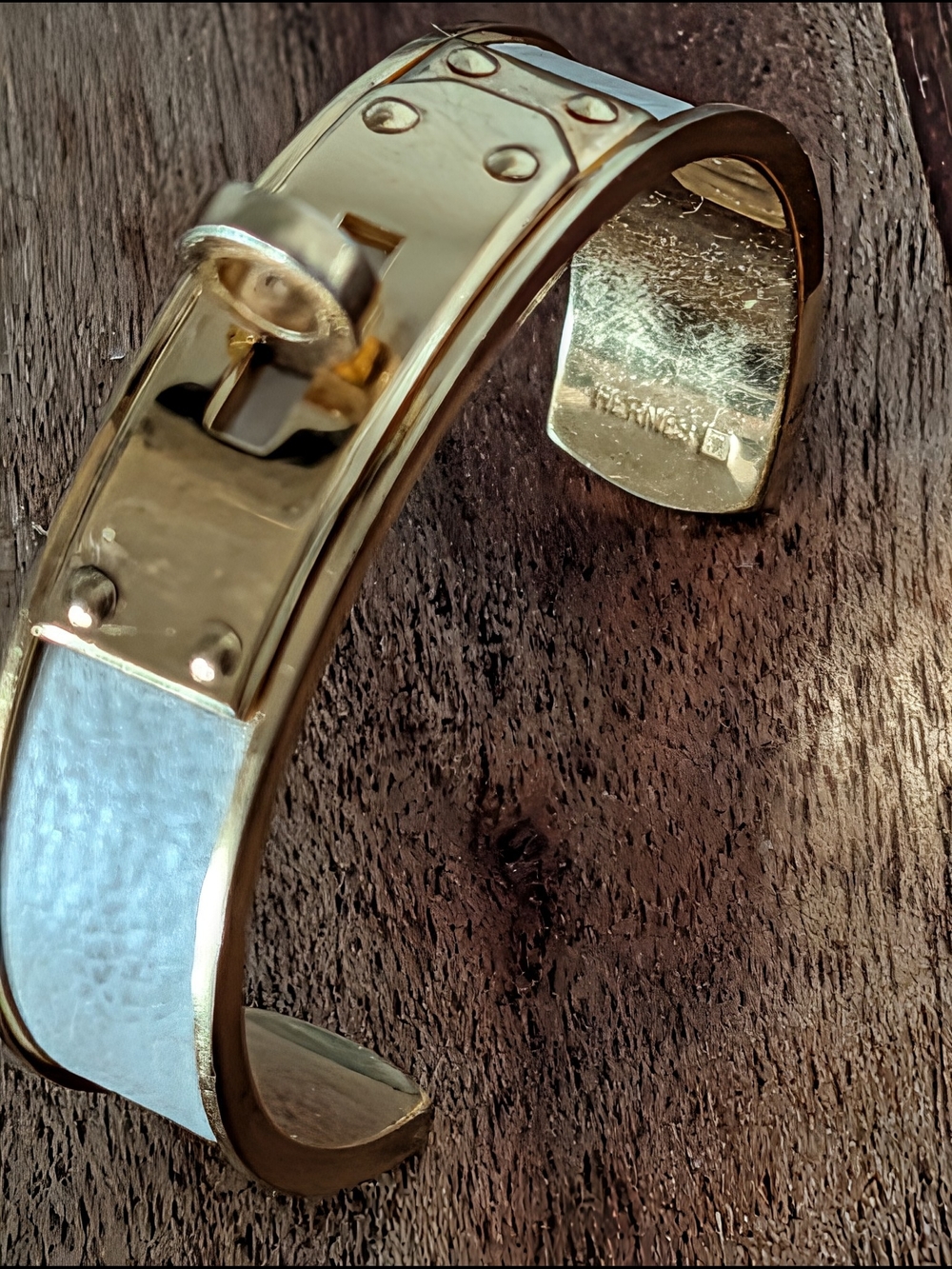 Hermès Kelly Rigid Cuff Bracelet – Gold-Plated Hardware & White Inlay
